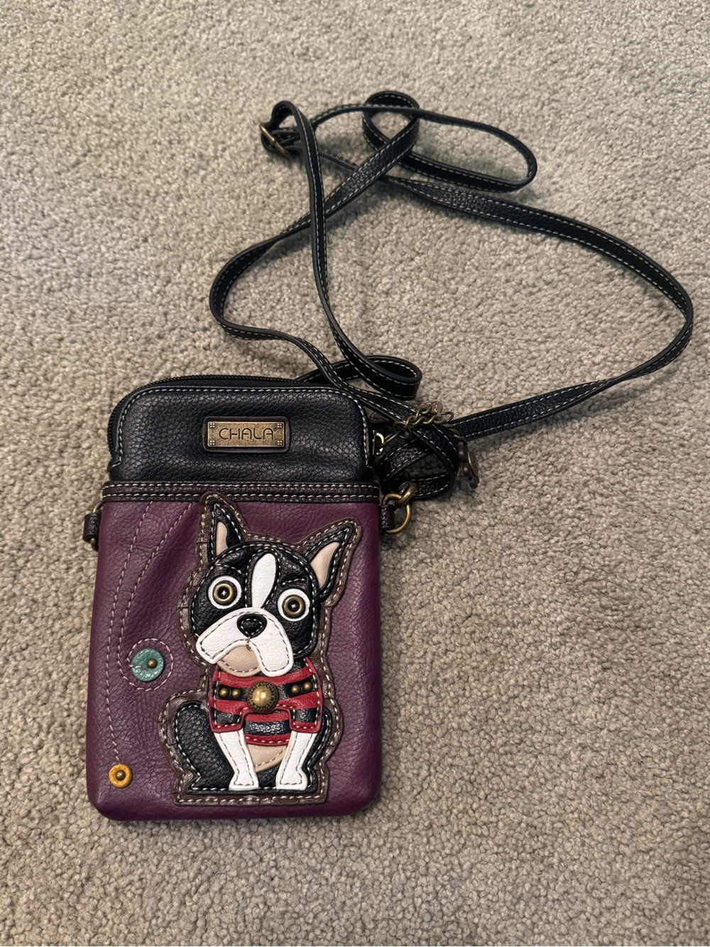 Chala DOG VARIATIONS Crossbody Phone Purse Dog Mom Boston Terrier EUC Purple